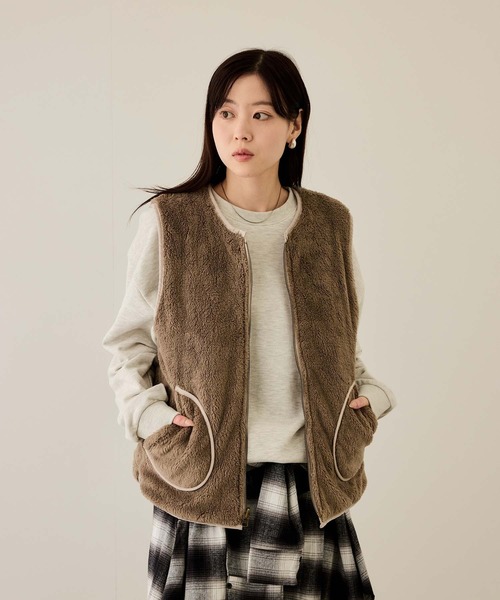 NAVY ベスト ジレ ボア×タフタ リバーシブルZIPベスト「保温 撥水