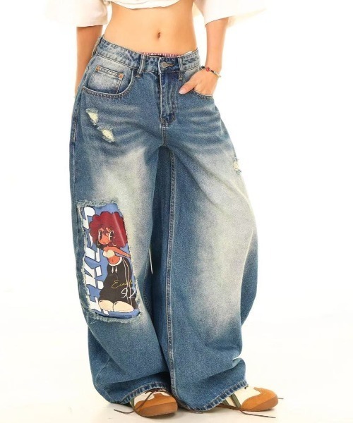 FreeZone ジーンズ 「2025 AW 新作」キャラクターパッチ ダメージ加工