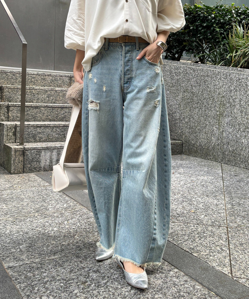 【新品】DouDou ドゥドゥ ペイントタックデニム ワイド ジーンズ 38 DouDou（ドゥドゥ） デニムパンツ 38 ブルー レディース : ZOZOTOWN