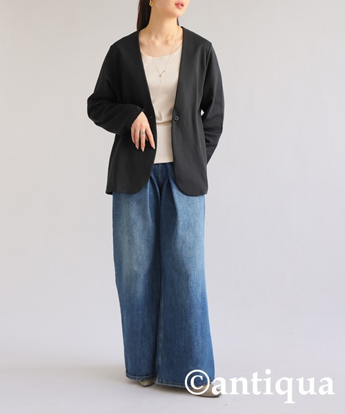 「antiqua」 ノーカラージャケット P ブラック レディース_画像2