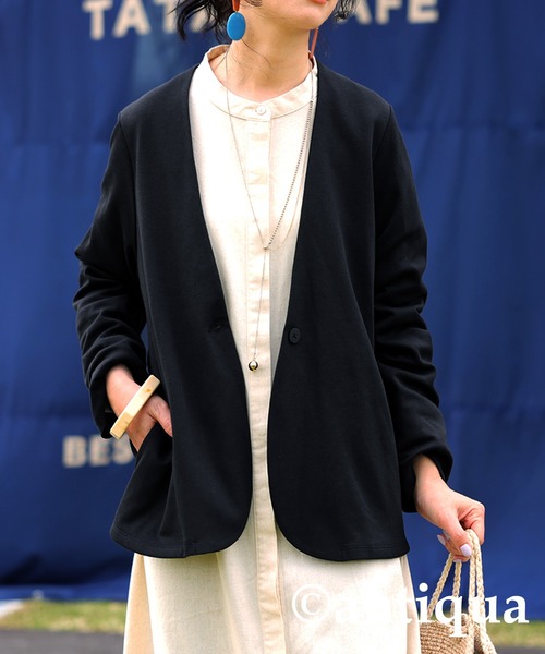 「antiqua」 ノーカラージャケット P ブラック レディース_画像4