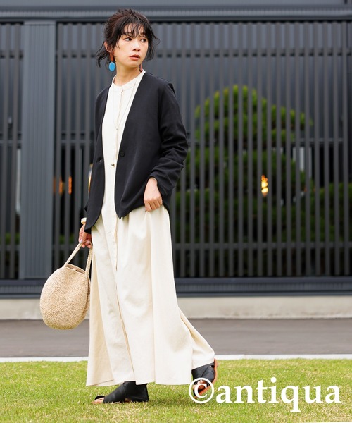 「antiqua」 ノーカラージャケット P ブラック レディース_画像5