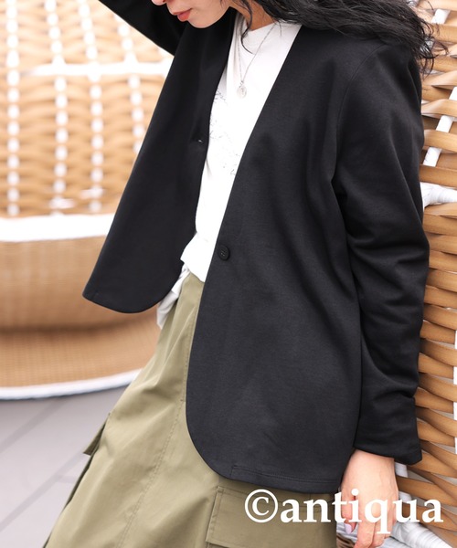 「antiqua」 ノーカラージャケット P ブラック レディース_画像7
