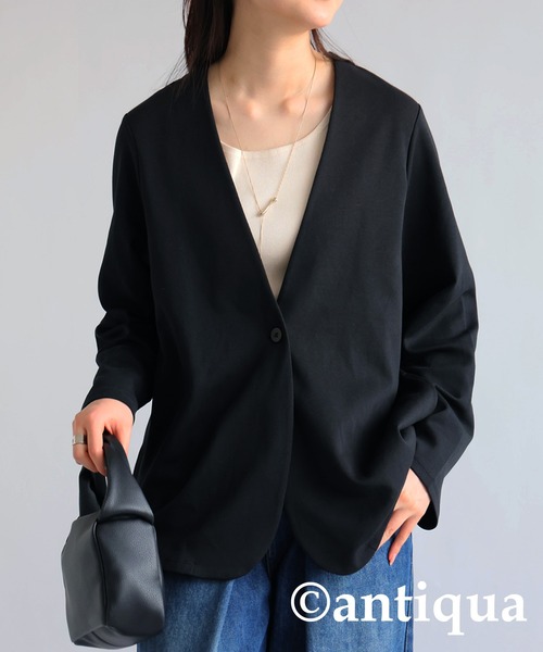「antiqua」 ノーカラージャケット P ブラック レディース_画像9