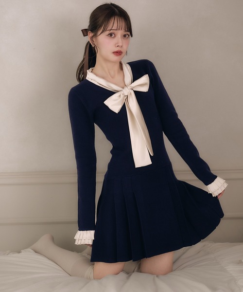 fupel ワンピース satin ribbon tie docking knit onepiece / サテン