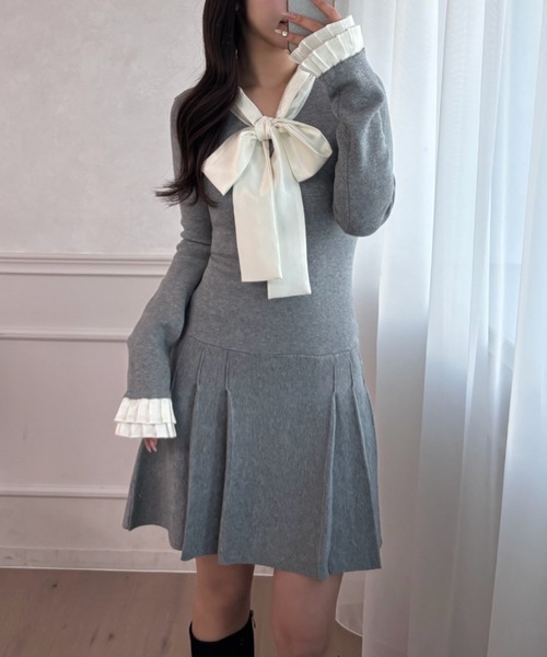 fupel ワンピース satin ribbon tie docking knit onepiece / サテン