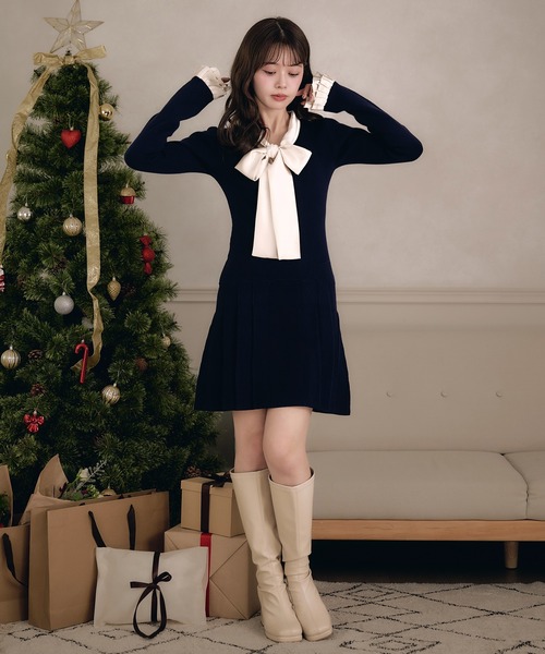 fupel ワンピース satin ribbon tie docking knit onepiece / サテン