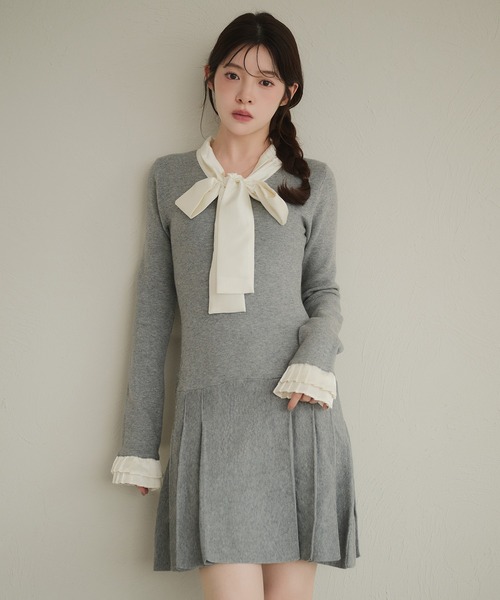 fupel ワンピース satin ribbon tie docking knit onepiece / サテン