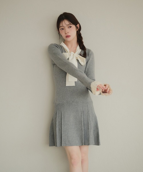 fupel ワンピース satin ribbon tie docking knit onepiece / サテン