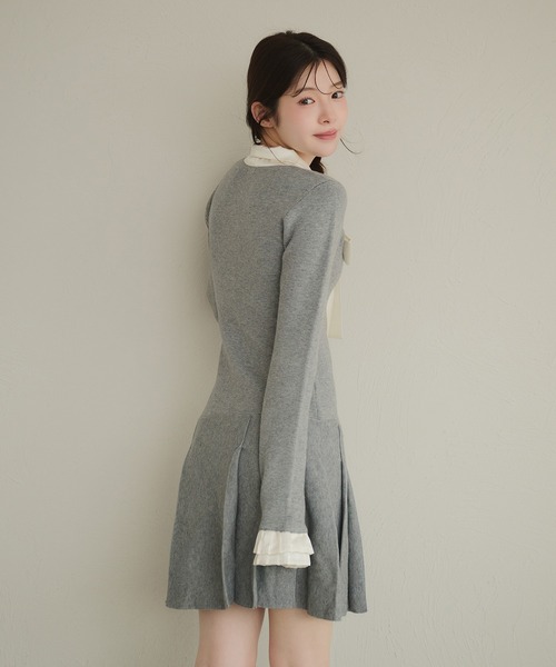 fupel ワンピース satin ribbon tie docking knit onepiece / サテン 