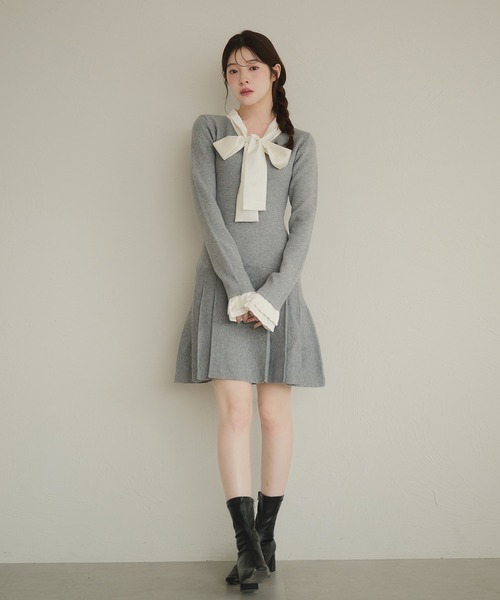fupel ワンピース satin ribbon tie docking knit onepiece / サテン