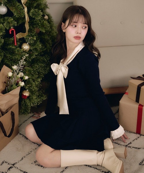 fupel ワンピース satin ribbon tie docking knit onepiece / サテン