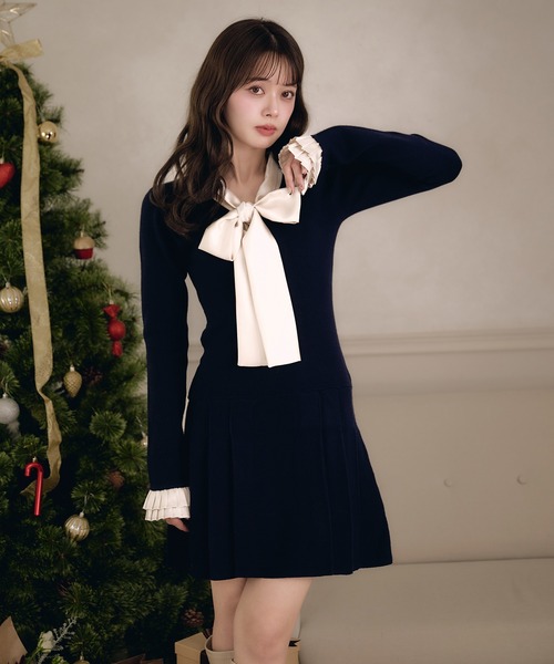 fupel ワンピース satin ribbon tie docking knit onepiece / サテン