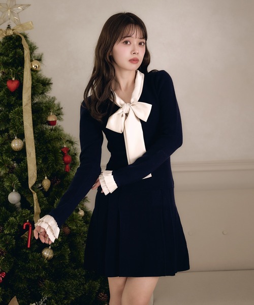 fupel ワンピース satin ribbon tie docking knit onepiece / サテン