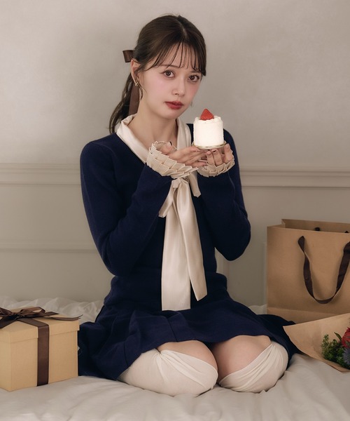 fupel ワンピース satin ribbon tie docking knit onepiece / サテン