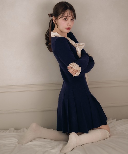 fupel ワンピース satin ribbon tie docking knit onepiece / サテン