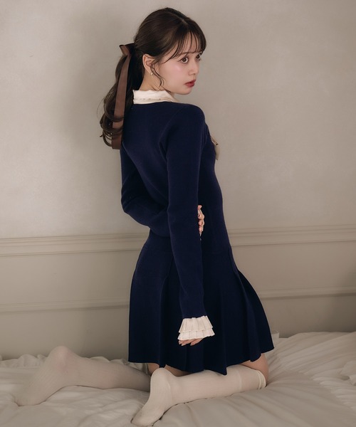 fupel ワンピース satin ribbon tie docking knit onepiece / サテン