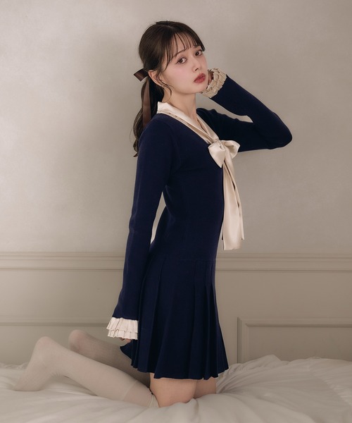 fupel ワンピース satin ribbon tie docking knit onepiece / サテン