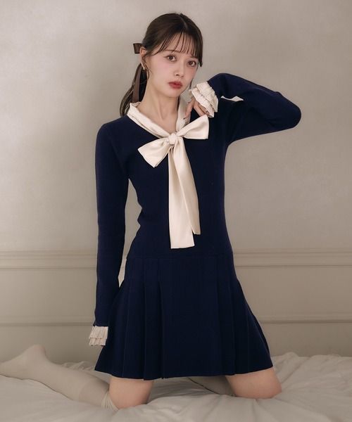 fupel ワンピース satin ribbon tie docking knit onepiece / サテン