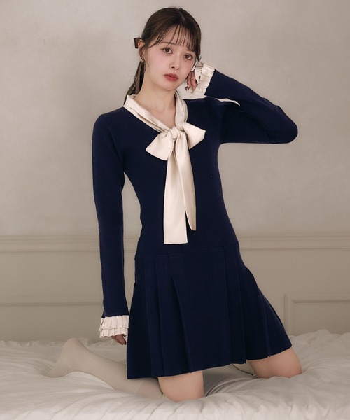 fupel ワンピース satin ribbon tie docking knit onepiece / サテン