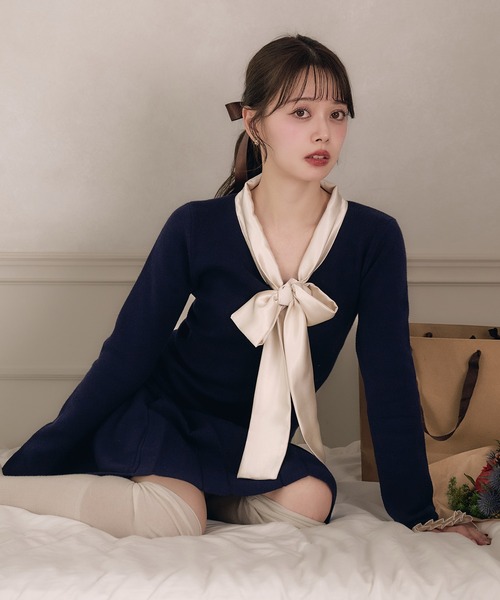 fupel ワンピース satin ribbon tie docking knit onepiece / サテン