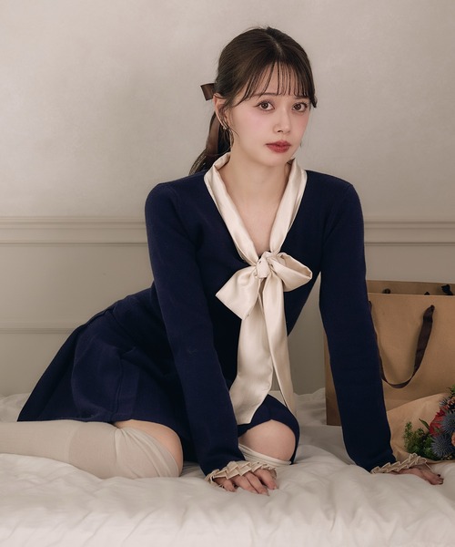 fupelネイビーリボン付き長袖ミニワンピース fupel ワンピース satin ribbon tie docking knit onepiece / サテン