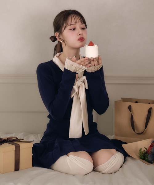 fupel ワンピース satin ribbon tie docking knit onepiece / サテン