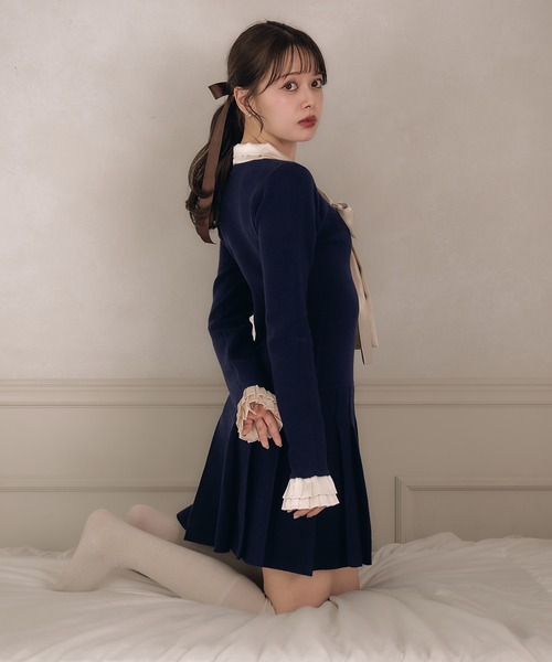 fupel ワンピース satin ribbon tie docking knit onepiece / サテン