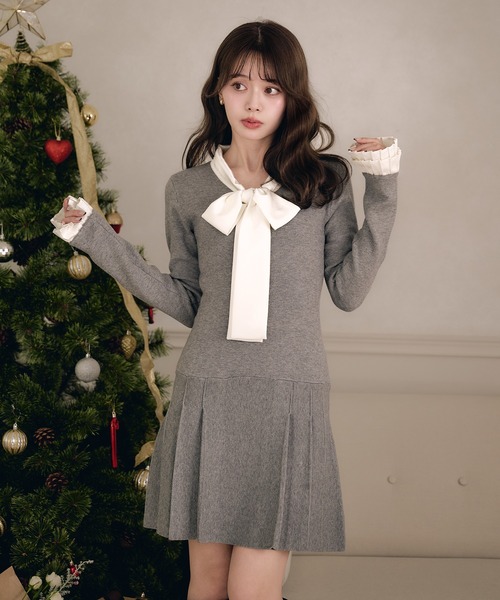fupel ワンピース satin ribbon tie docking knit onepiece / サテン