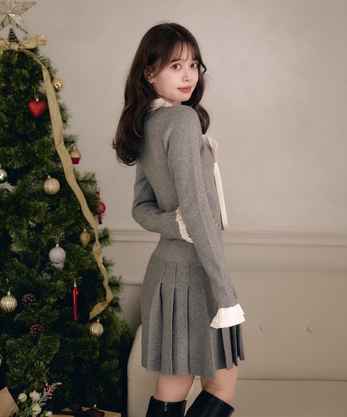 fupel ワンピース satin ribbon tie docking knit onepiece / サテン