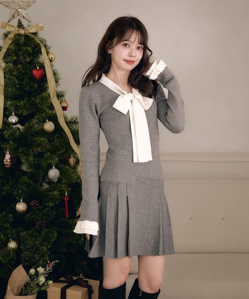 fupel ワンピース satin ribbon tie docking knit onepiece / サテン