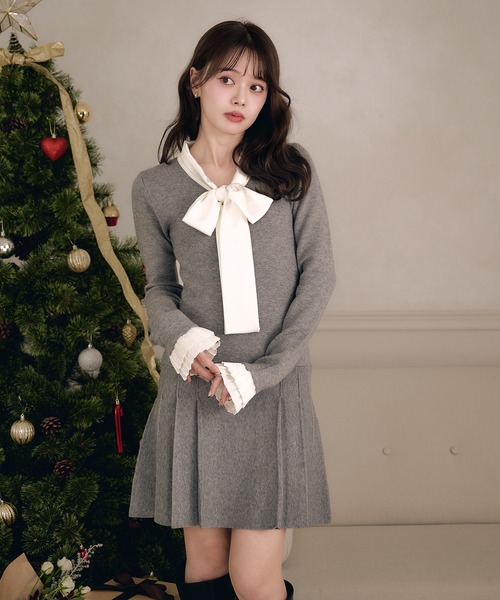 fupel ワンピース satin ribbon tie docking knit onepiece / サテン