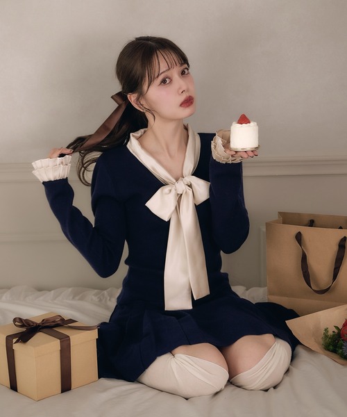 fupel ワンピース satin ribbon tie docking knit onepiece / サテン