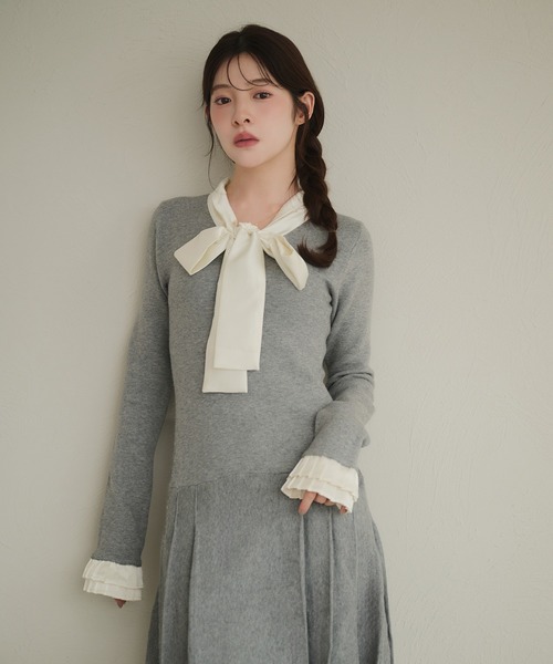 ワンピース Lumignon Fur cuff ribbon knit onepiece ワンピース Lumignon Fur cuff ribbon knit onepiece fupel ワンピース