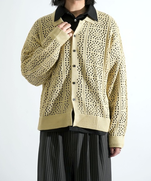 【美品】ZARA パッチワーク クロシェ ニット ポロ カーディガン ベージュ 美品】ZARA パッチワーク クロシェ ニット ポロ カーディガン ベージュ