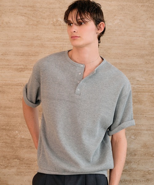Adoon plain ヘンリーネック tシャツ Snap Button Thermal Henry Neck
