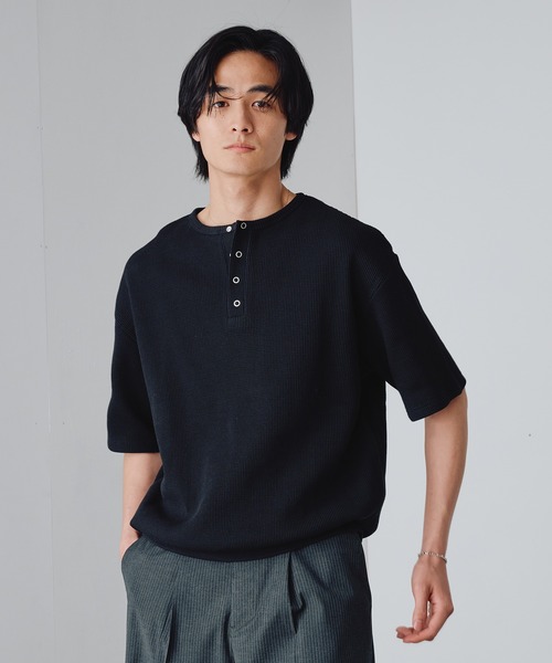 Adoon plain ヘンリーネック tシャツ Snap Button Thermal Henry Neck