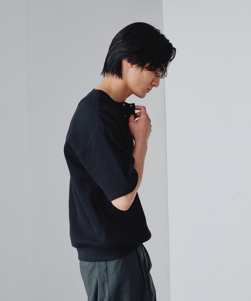 Adoon plain ヘンリーネック tシャツ Snap Button Thermal Henry Neck