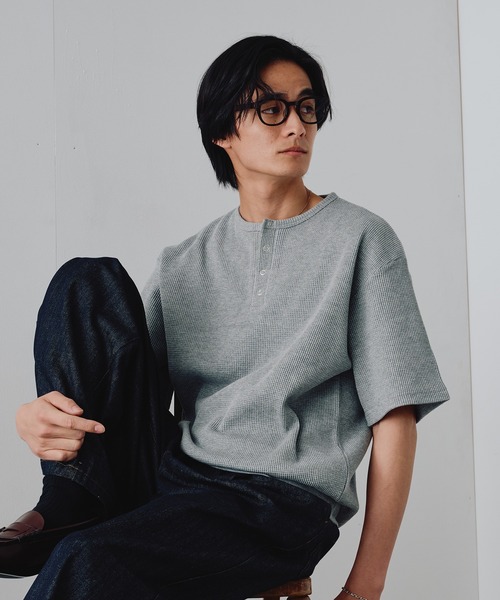 Adoon plain ヘンリーネック tシャツ Snap Button Thermal Henry Neck