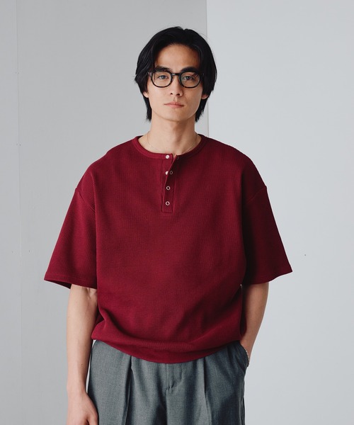 Adoon plain ヘンリーネック tシャツ Snap Button Thermal Henry Neck