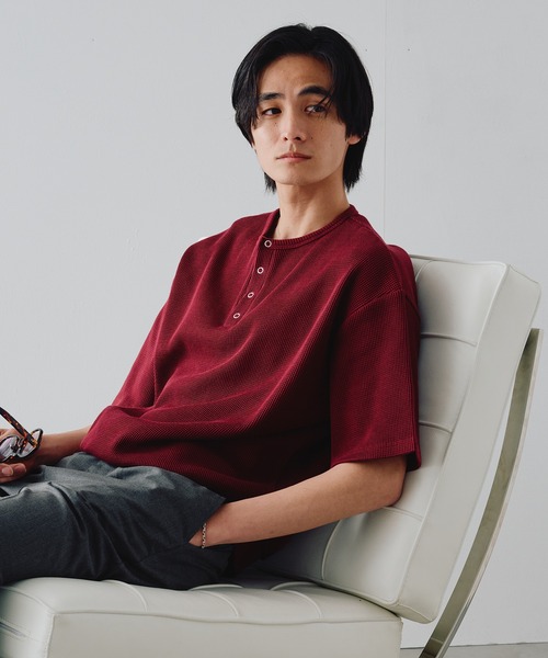 Adoon plain ヘンリーネック tシャツ Snap Button Thermal Henry Neck