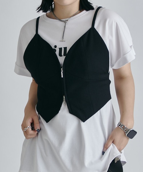 miu miu メッシュ コルセットトップス ブラック ジップ キャミ ビスチェ Lui's（ルイス） tシャツ 「miu企画」ダブルジップビスチェ レディース