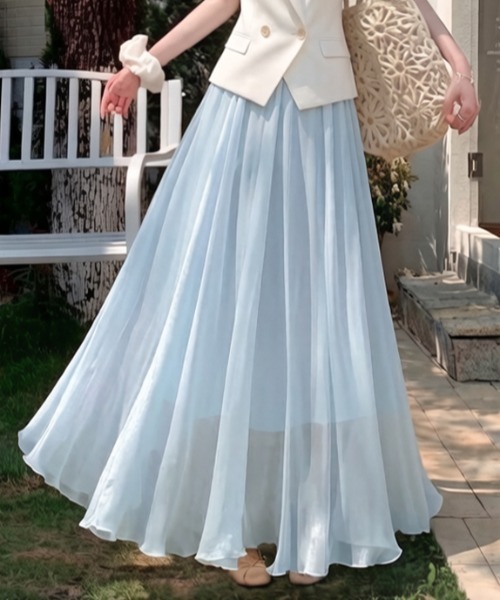 ロング スカート プリーツ チュール シフォン Aライン フレア ロング