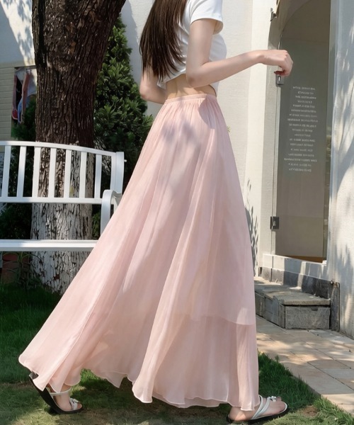 ロング スカート プリーツ チュール シフォン Aライン フレア ロング