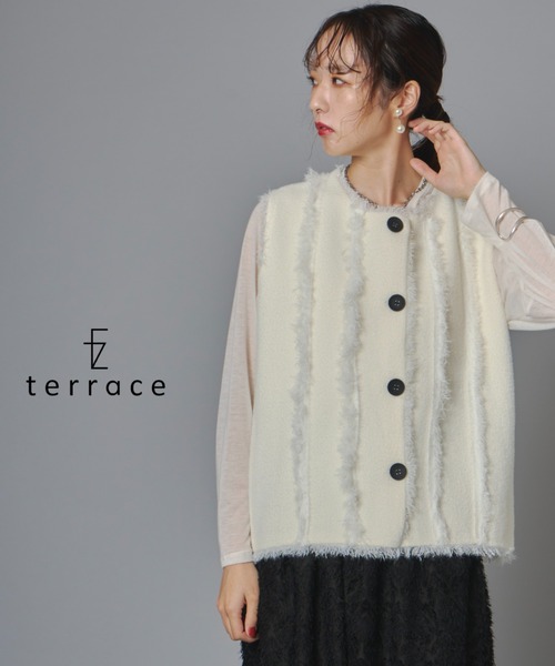 terrace ベスト ジレ フリンジリブニットノースリーブベスト