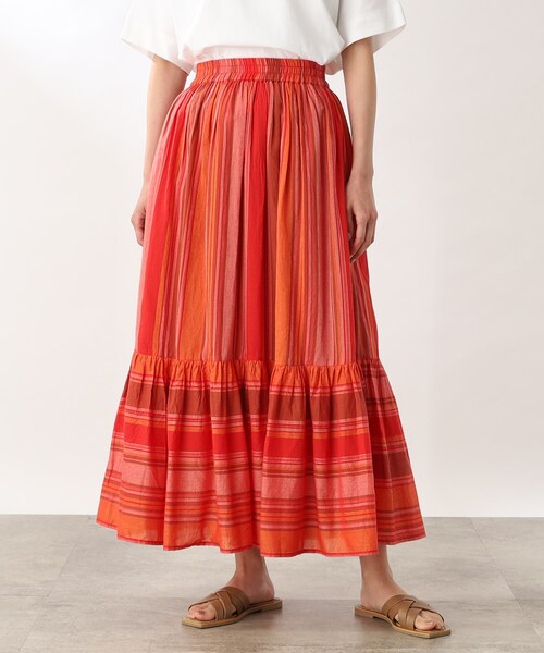 スカート 「コットン100%/洗える」インドストライプギャザーティアード  