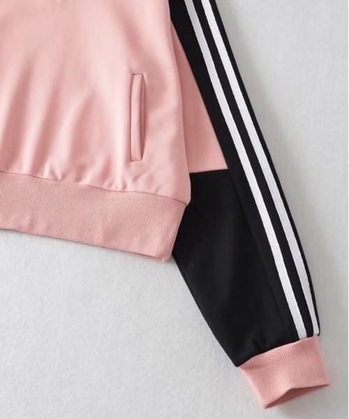 トレーナー スウェット line half zip レディース SPINNS トレーナー スウェット ワンポイント刺繍ラインリブ