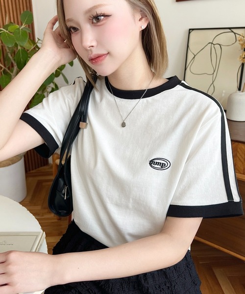 moment+ tシャツ 半袖 綿100％天竺.ワンポイント刺繍配色カラーライン