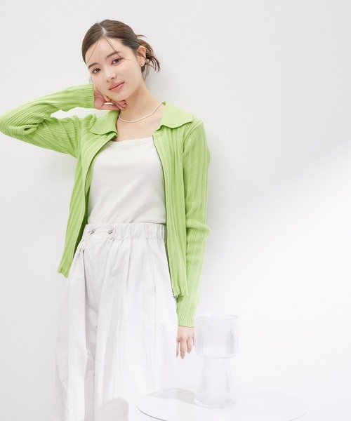 美品 ROPE ニットカーディガン 無地 春秋冬【M-L】緑 ROPE' PICNIC ニット セーター 「WEB限定」襟付きWジップ