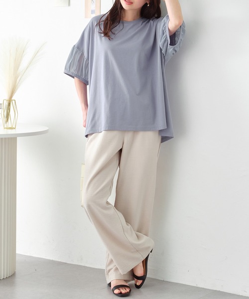 【関税込み】DEVOA グレー パネル Tシャツ Viola e tシャツ ボリューム袖シフォン切替Tシャツ レディース